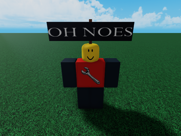 A character with a sign that says "OH NOES".